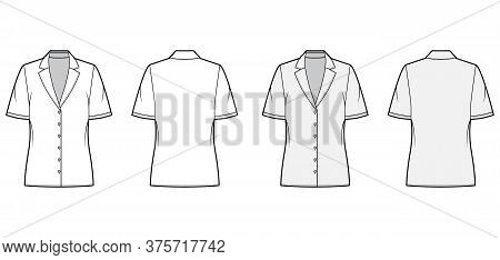 Pajama Style Blouse Technical Fashion Illustration With Retro Camp Collar, Short Sleeves Loose Fit B