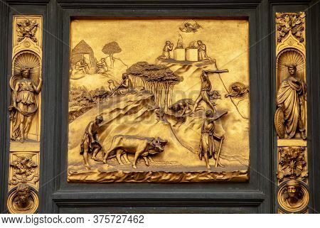 Florence, Italy - September 8, 2011: Florence, Italy - Baptistery , Panel Of The Door Of Paradise - 