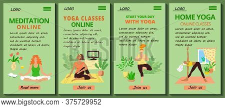 Set Of 4 Mobile App Page Templates. Mobile Version Of The Home Yoga And Pilates Site. Girls In Track