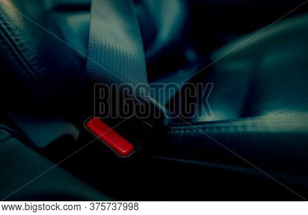 Car Seat Belt With Red Press Button. Fasten Seatbelt For Safety And Security And Protect Life From C