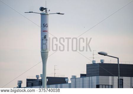 Innopolis, Russia - July 9, 2020: Telecommunication Tower Of 5g Cellular On The Background Of Buildi