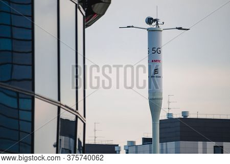 Innopolis, Russia - July 10, 2020: Telecommunication Tower Of 5g Cellular On The Background Of Build