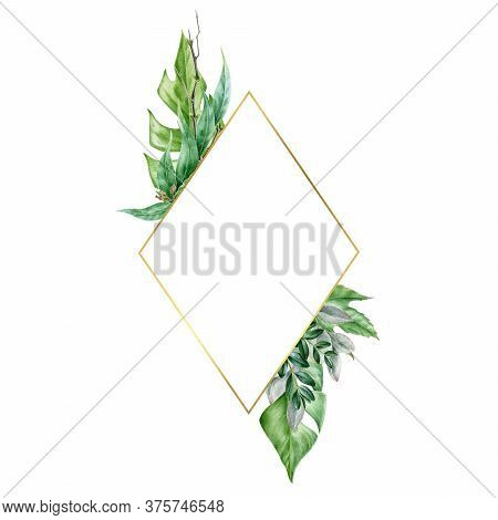 Green Leaf With Golden Frame Arrangement Watercolor Illustration. Eucalyptus, Monstera Leaves In Ele