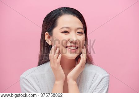 Beautiful Asian Young Woman Touching Soft Cheek Smile With Clean And Fresh Skin Happiness And Cheerf
