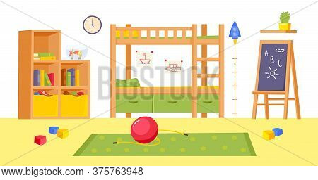 Childroom Furniture Collection. Modern Household Set With Decoration Details. Editable Vector Illust