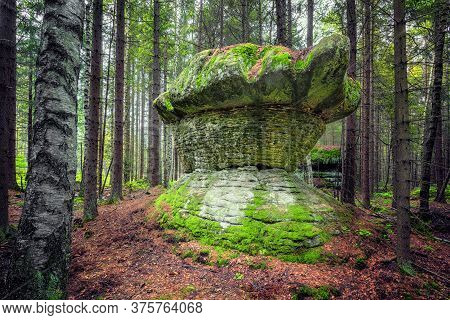 Geological Rock Formation Shaped Like Stone Mushroom. Stolowe Mountains National Park, Lower Silesia