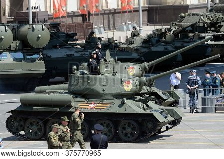 Moscow, Russia - June 24, 2020:t-34-85 Medium Tanks On Okhotny Ryad During The Parade Dedicated To T