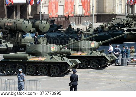 Moscow, Russia - June 24, 2020:t-34-85 Medium Tanks On Okhotny Ryad During The Parade Dedicated To T