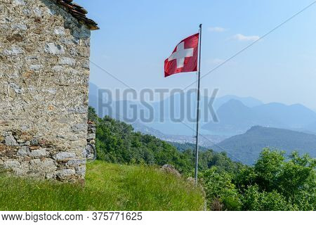 Landscape With Rural House At Capriasca Valley Over Lugano On Switzerland