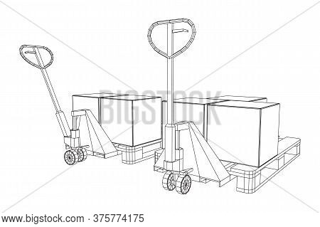 Hand Pallet Jack Lift With Pallet And Stacked Goods Cardboard Boxes. Manual Forklift. Logistics Ship