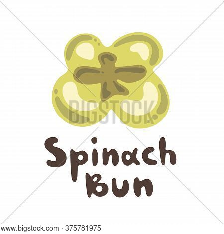 Spinach Green Bun. Cute Flat Style. Snack Food Illustration Isolated On White Background. Flour Prod