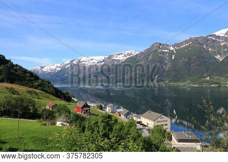Ullensvang Village. Norway Fiord Landscape - Part Of Hardanger Fjord Called Sorfjord. Morning View.