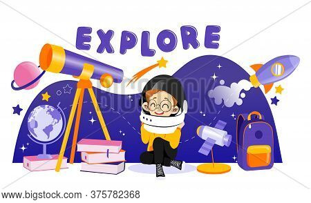 Concept Of Astronomy And Back To School. Boy Astronomer Interested In Science. Boy In Space Helmet I