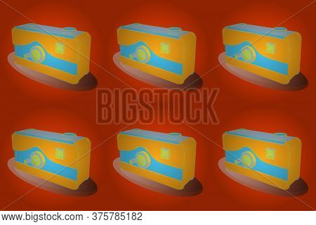 Retro Camera. Raster. Image In Blue, Orange And Yellow Colors. Presented In 3d Style. Axonometry.