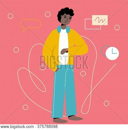 Cute Man Looking At The Clock. Afro American Male Tracking Time On Smartwatch. Concept Of Time Manag