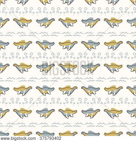 Seamless Background Plesiosaurus Dinosaur With Wave Gender Neutral Baby Pattern. Simple Whimsical Mi