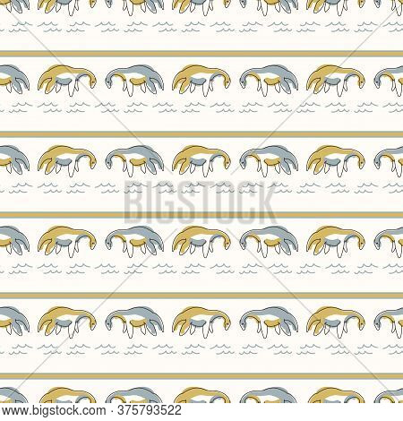 Seamless Background Plesiosaurus Dinosaur Stripe Gender Neutral Baby Pattern. Simple Whimsical Minim
