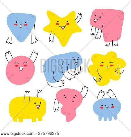 Hand-drawn Multicolored Doodles-monsters.cute Funny Emotions. Vector Set Out Of 9 Of Fun Abstract Mo