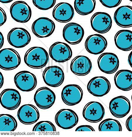 Seamless Summer Pattern With Blueberries. Tasty Berries Drawn In Line Art And Colored In Misprint St