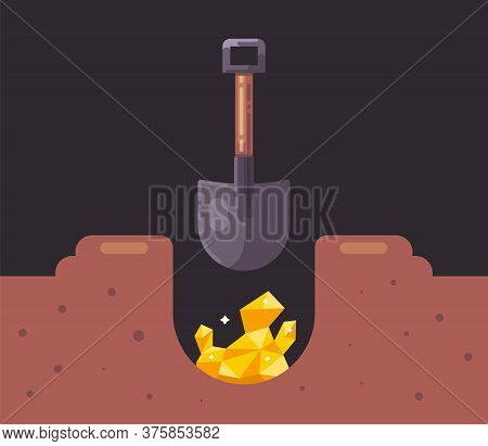 Dig A Hole With A Shovel And Find Gold. Treasure Hunt In The Earth. Flat Vector Illustration.
