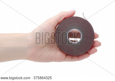 Double-sided Tape Adhesive In Hand On White Background Isolation