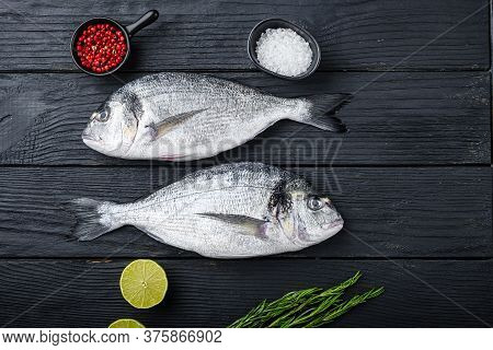 Raw Whole Pair  Dorado Or Sea Bream Fish With Herbs For Grill Uncooked  On Black Wooden Table Top Vi