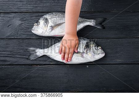Raw Whole Pair  Dorado Or Sea Bream Fish With Kid Hand Over It On Black Wooden Table Top View.