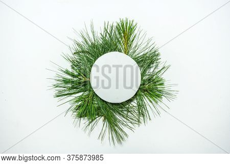 Creative Layout Made Of Green Pine Leaves. Flat Lay. Nature Background