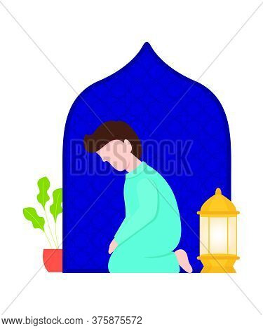 Illustration Of A Muslim Praying During Ramadan. Vector Illustration