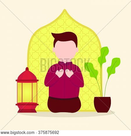 Illustration Of A Muslim Praying During Ramadan. Vector Illustration