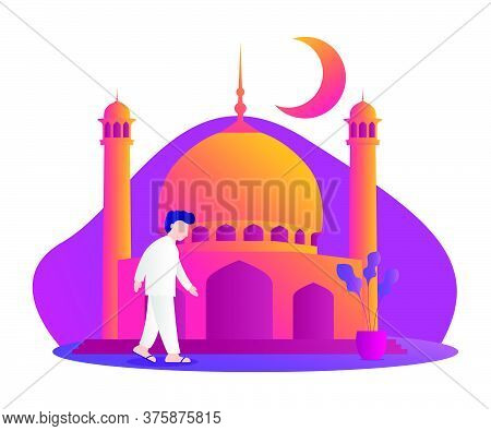 Illustration Of A Muslim Walking To The Mosque. Ramadan Kareem Illustration With Muslim People. Vect