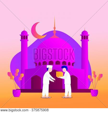 Illustration Of A Muslim Giving Gifts. Alms During Ramadan. Vector Illustration