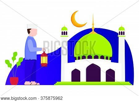Illustration Of A Muslim Bring Lamp And Walking To The Mosque. Ramadan Kareem Illustration With Musl