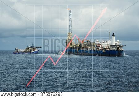 Concept Of Growth Up In Oil Marine Industry With Rising Graphics. Oil Price Increases. Fpso Tanker W