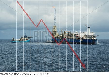 Concept Of Falling Market In Oil Marine Industry With With Downward Graphics. Oil Price Decreases. F