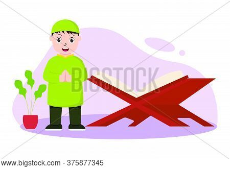 Vector Illustration Graphic Of Eid Mubarak With Muslim Boy. Perfect For Ramadan Posters, Ui, Ux. Vec