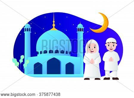 Vector Illustration Graphic Of Eid Mubarak With Muslim Couple At The Mosque. Perfect For Ramadan Pos