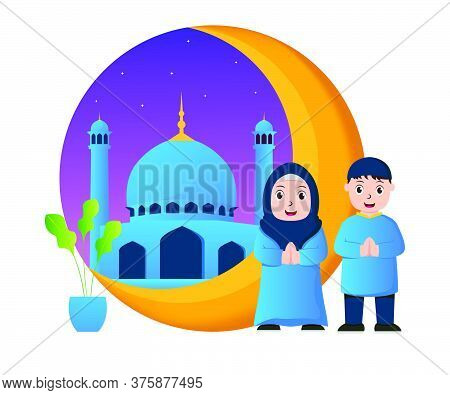 Vector Illustration Graphic Of Eid Mubarak With Muslim Couple At The Mosque. Perfect For Ramadan Pos