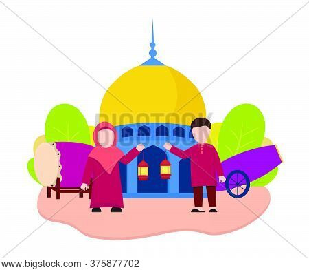 Vector Illustration Graphic Of Eid Mubarak With Muslim Couple At The Mosque. Perfect For Ramadan Pos