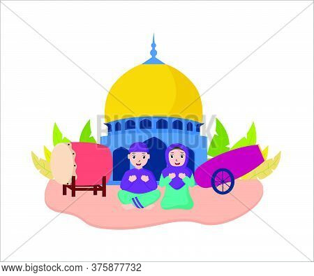 Vector Illustration Graphic Of Eid Mubarak With Muslim Couple At The Mosque. Perfect For Ramadan Pos