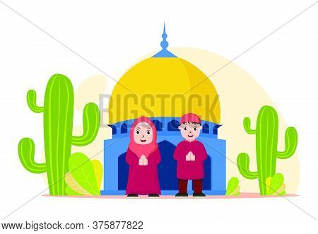 Vector Illustration Graphic Of Eid Mubarak With Muslim Couple At The Mosque. Perfect For Ramadan Pos