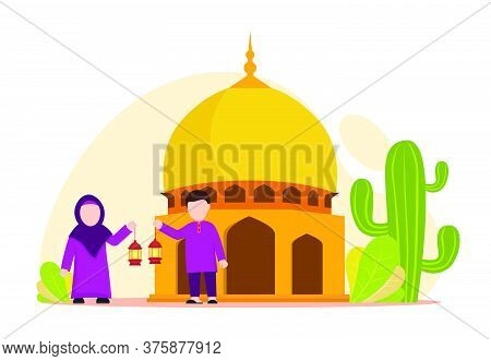 Vector Illustration Graphic Of Eid Mubarak With Muslim Couple At The Mosque. Perfect For Ramadan Pos