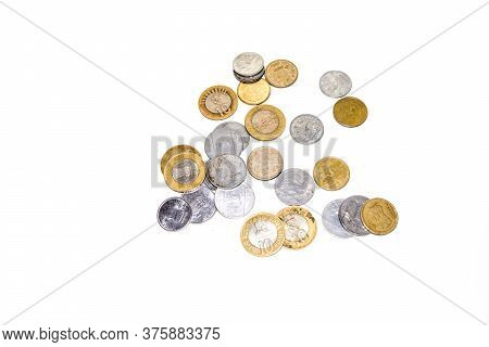 Indian Circulating Coins Collection On Isolate White Background.