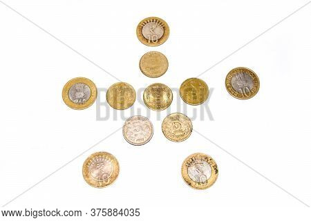 Indian Circulating Coins Collection On Isolate White Background.