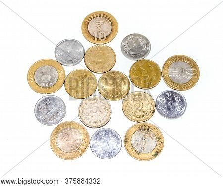 Indian Circulating Coins Collection On Isolate White Background.