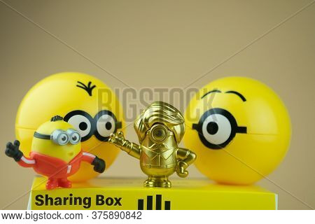 Samut Prakan, Thailand - July 11, 2020 : Happy Meal Collection New Promotions Set Of Minion Toy And 