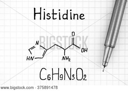 Chemical Formula Of Histidine With Pen. Close-up.