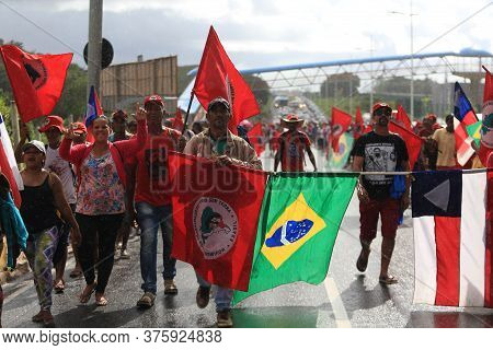 Salvador, Bahia / Brazil - April 15, 2019: Members Of The Landless Movement Are Seen During Protest 