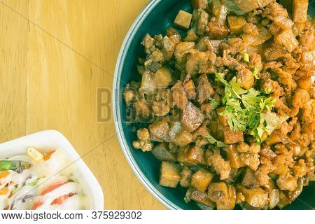 Stir Fried Pork With Onion And Garlic And Black Soy Sauce And Coriander Topping And Tofu And Vegan S