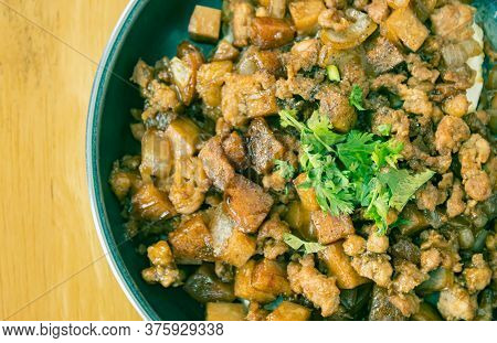Stir Fried Pork With Onion And Garlic And Black Soy Sauce And Coriander Topping And Tofu With Natura
